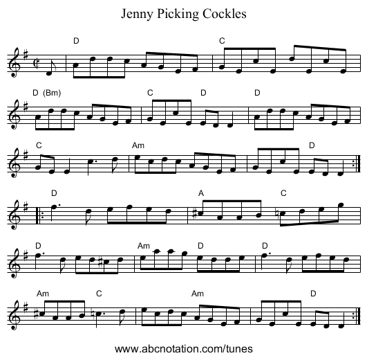 Jenny Picking Cockles - staff notation
