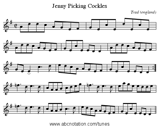 Jenny Picking Cockles - staff notation