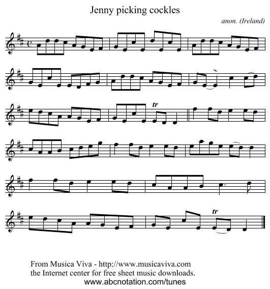 Jenny picking cockles - staff notation