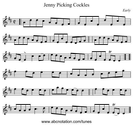 Jenny Picking Cockles - staff notation