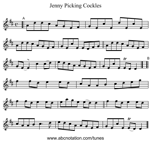 Jenny Picking Cockles - staff notation