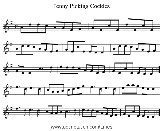 Jenny Picking Cockles - staff notation