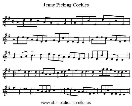 Jenny Picking Cockles - staff notation