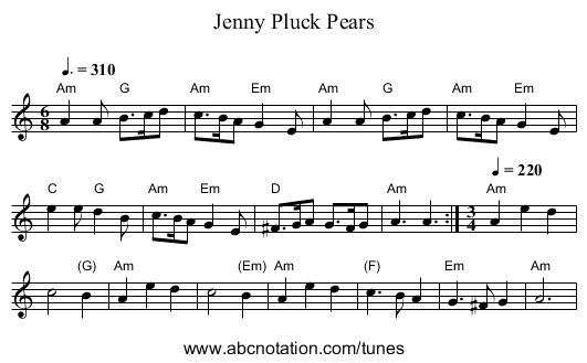 Jenny Pluck Pears - staff notation