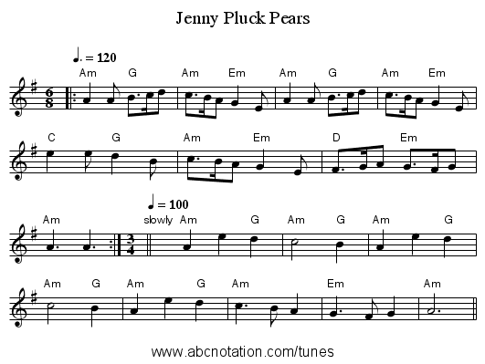 Jenny Pluck Pears - staff notation