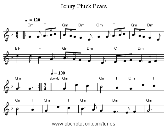 Jenny Pluck Pears - staff notation