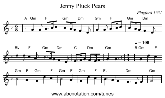 Jenny Pluck Pears - staff notation