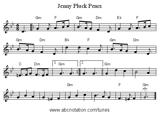 Jenny Pluck Pears - staff notation