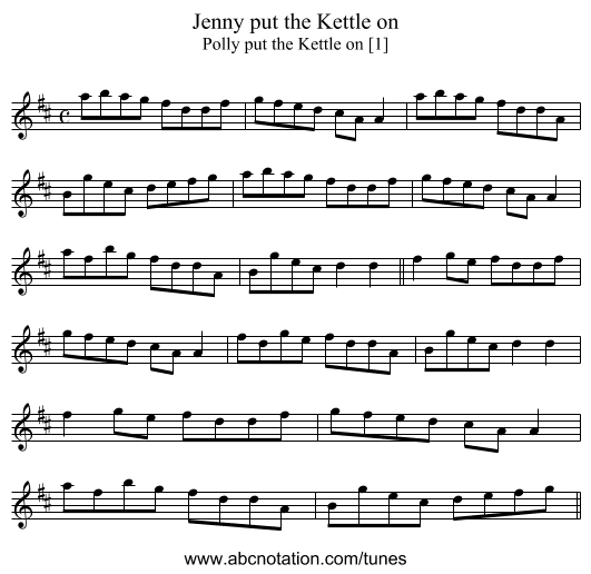 Jenny put the Kettle on - staff notation