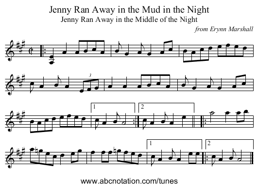 Jenny Ran Away in the Mud in the Night - staff notation