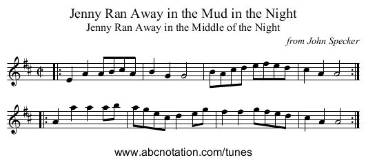 Jenny Ran Away in the Mud in the Night - staff notation