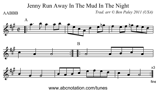 Jenny Run Away In The Mud In The Night - staff notation