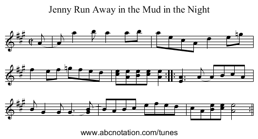 Jenny Run Away in the Mud in the Night - staff notation