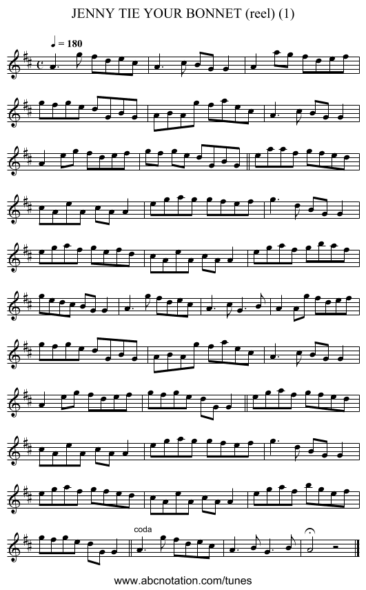 JENNY TIE YOUR BONNET (reel) (1) - staff notation