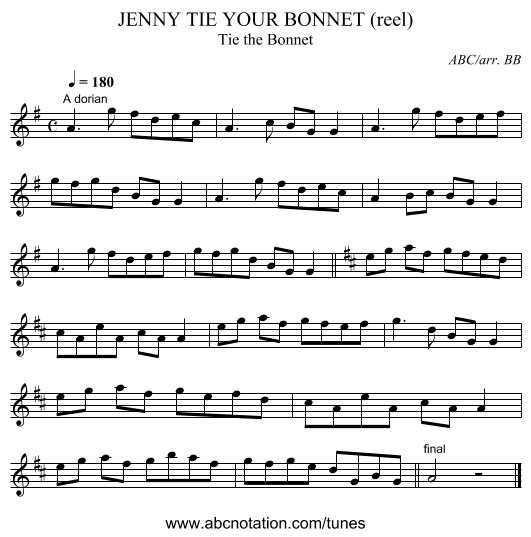 JENNY TIE YOUR BONNET (reel) - staff notation
