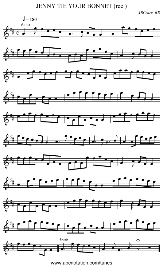 JENNY TIE YOUR BONNET (reel) - staff notation