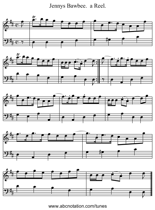 Jennys Bawbee.  a Reel. - staff notation