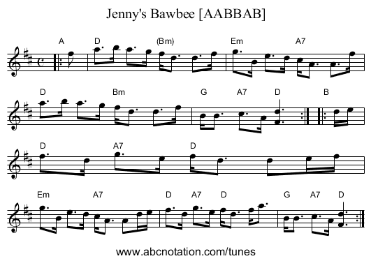 Jenny's Bawbee [AABBAB] - staff notation