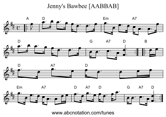 Jenny's Bawbee [AABBAB] - staff notation