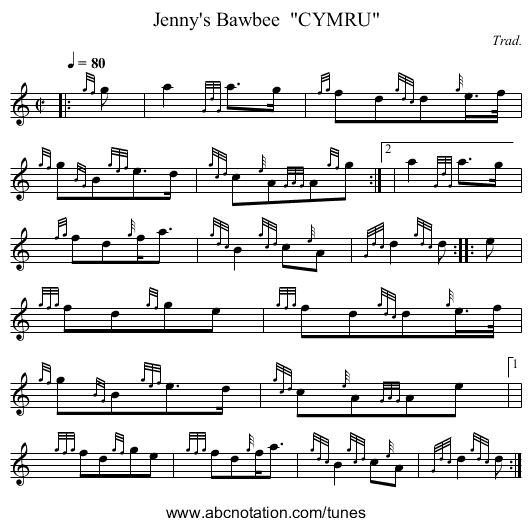 Jenny's Bawbee  CYMRU - staff notation