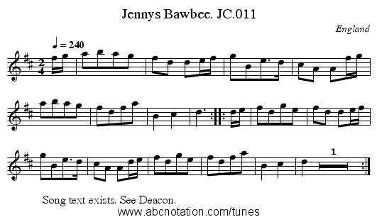 Jennys Bawbee. JC.011 - staff notation