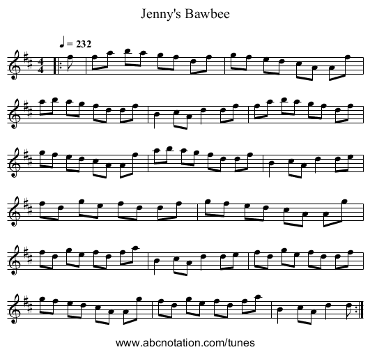 Jenny's Bawbee - staff notation