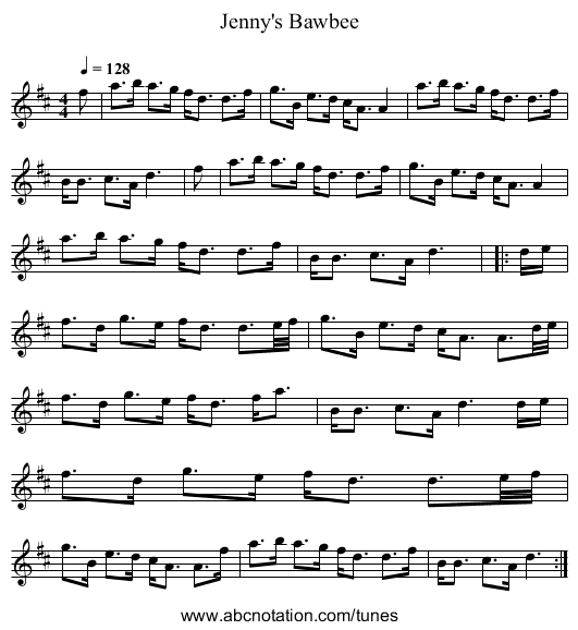 Jenny's Bawbee - staff notation