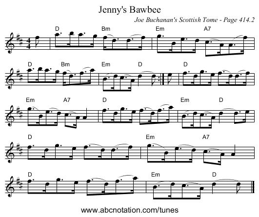 Jenny's Bawbee - staff notation