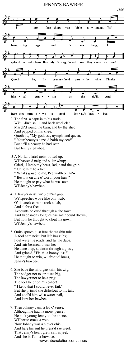 JENNY'S BAWBEE - staff notation
