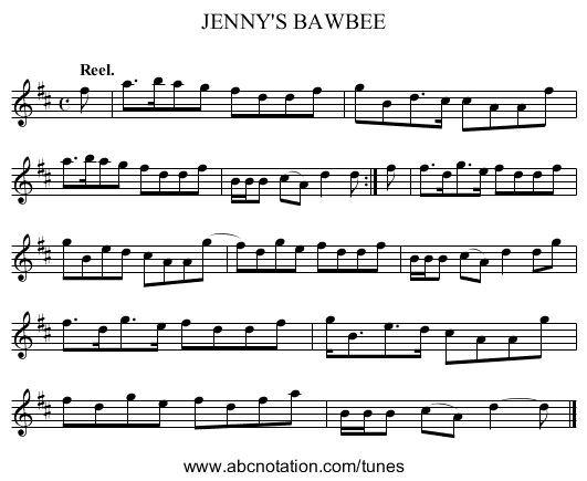 JENNY'S BAWBEE - staff notation