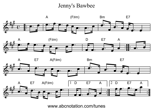 Jenny's Bawbee - staff notation