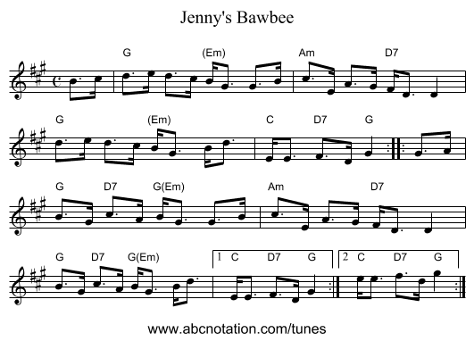 Jenny's Bawbee - staff notation