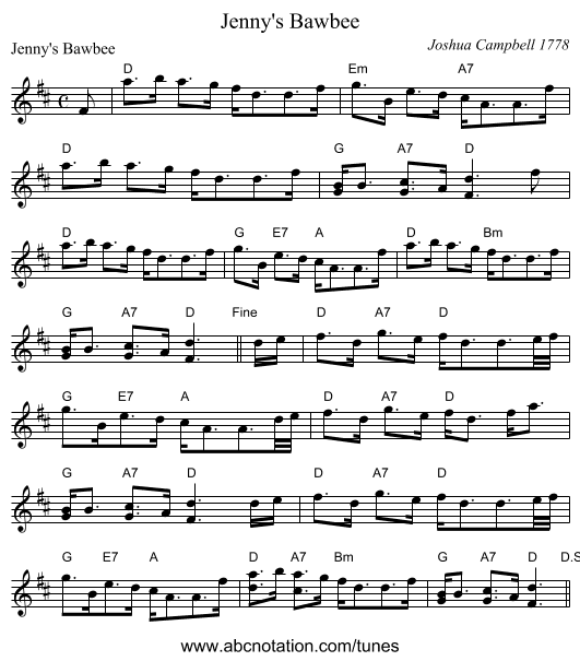 Jenny's Bawbee - staff notation