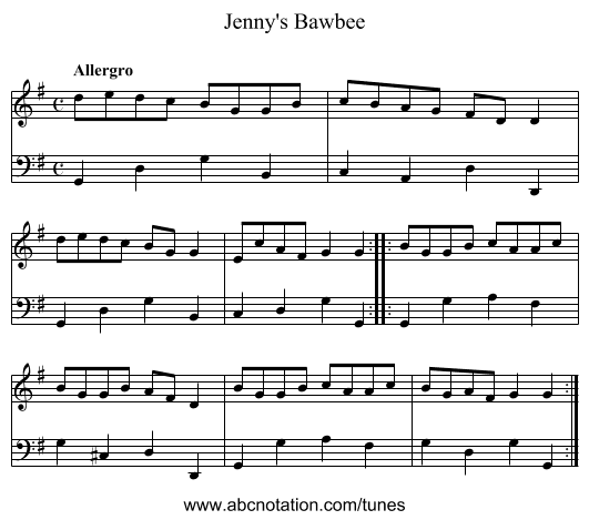 Jenny's Bawbee - staff notation