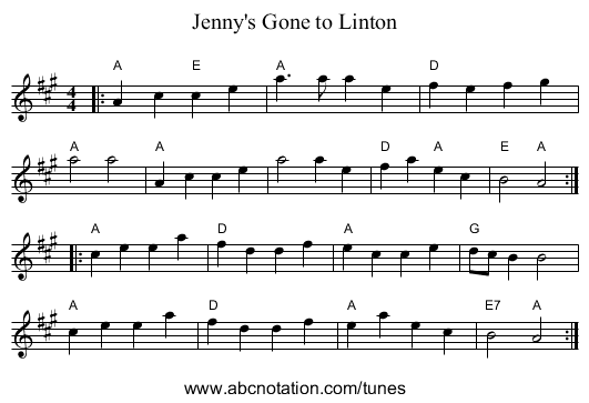 Jenny's Gone to Linton - staff notation