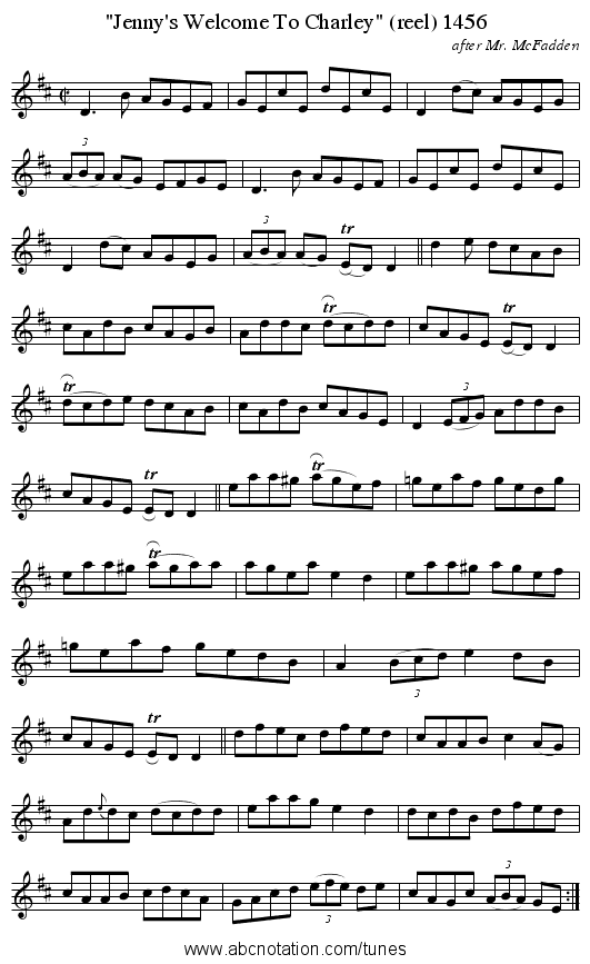 Jenny's Welcome To Charley (reel) 1456 - staff notation