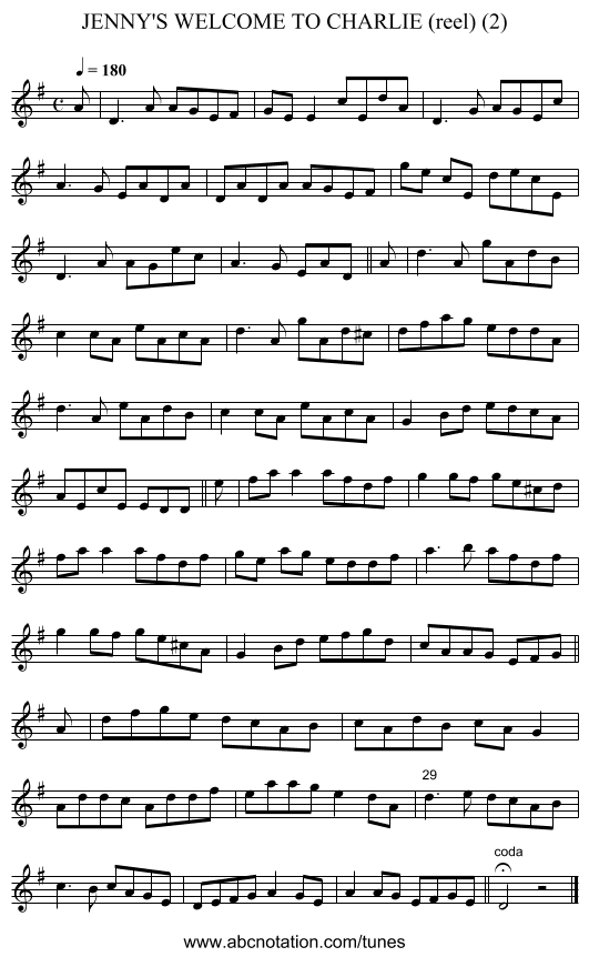 JENNY'S WELCOME TO CHARLIE (reel) (2) - staff notation