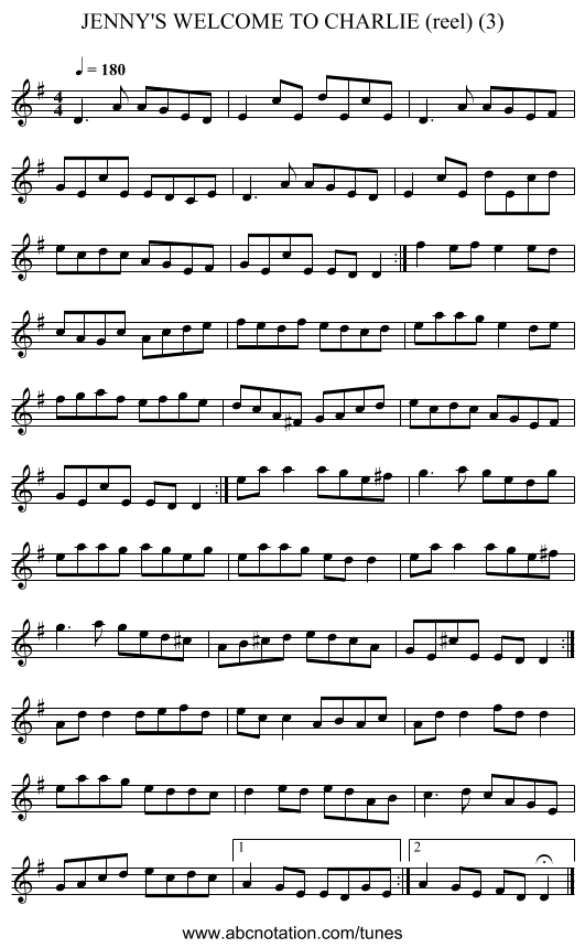 JENNY'S WELCOME TO CHARLIE (reel) (3) - staff notation