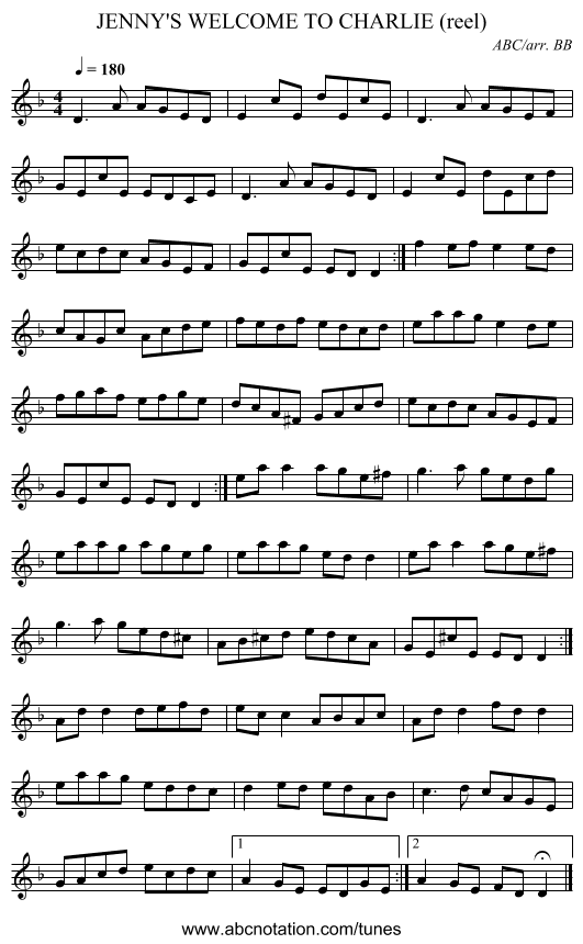 JENNY'S WELCOME TO CHARLIE (reel) - staff notation