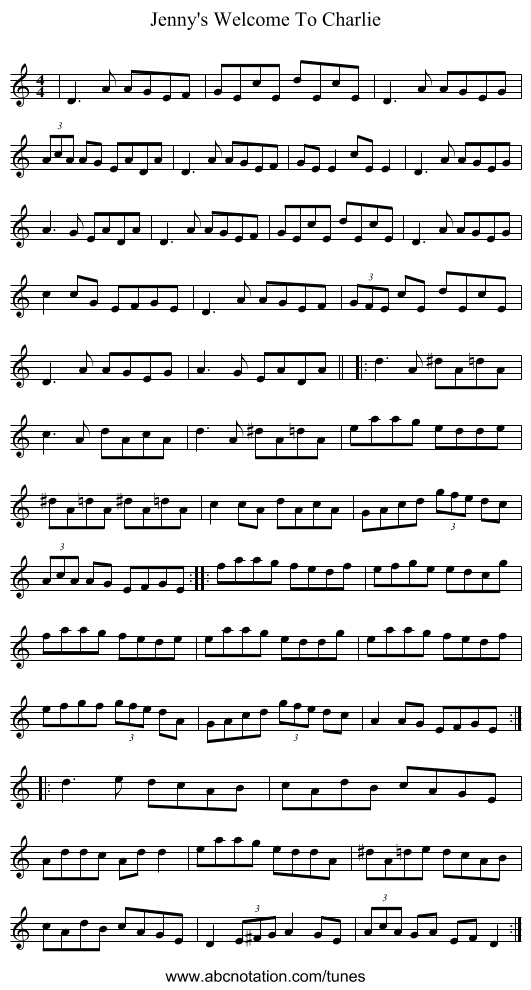 Jenny's Welcome To Charlie - staff notation