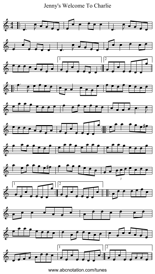Jenny's Welcome To Charlie - staff notation