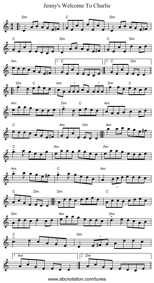 Jenny's Welcome To Charlie - staff notation