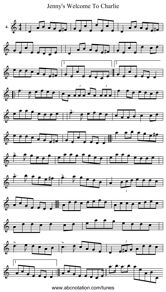Jenny's Welcome To Charlie - staff notation