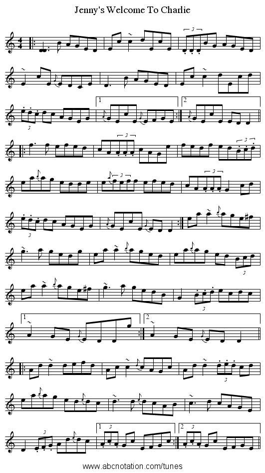 Jenny's Welcome To Charlie - staff notation