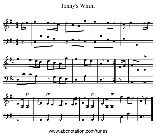 Jenny's Whim - staff notation