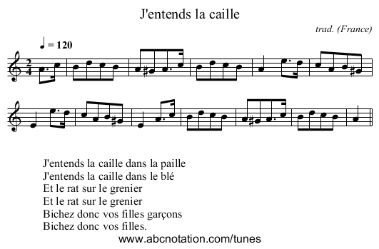 J'entends la caille - staff notation