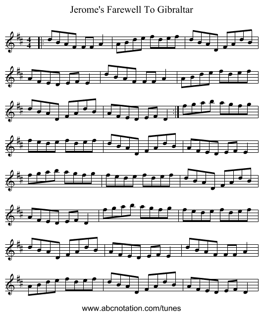Jerome's Farewell To Gibraltar - staff notation