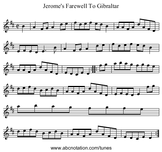 Jerome's Farewell To Gibraltar - staff notation