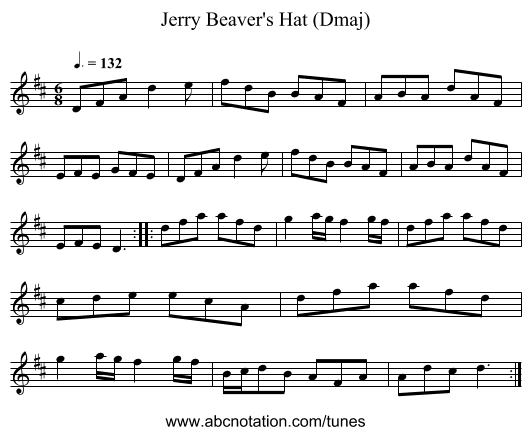 Jerry Beaver's Hat (Dmaj) - staff notation
