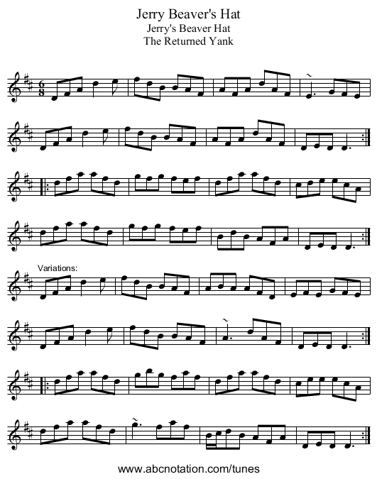 Jerry Beaver's Hat - staff notation